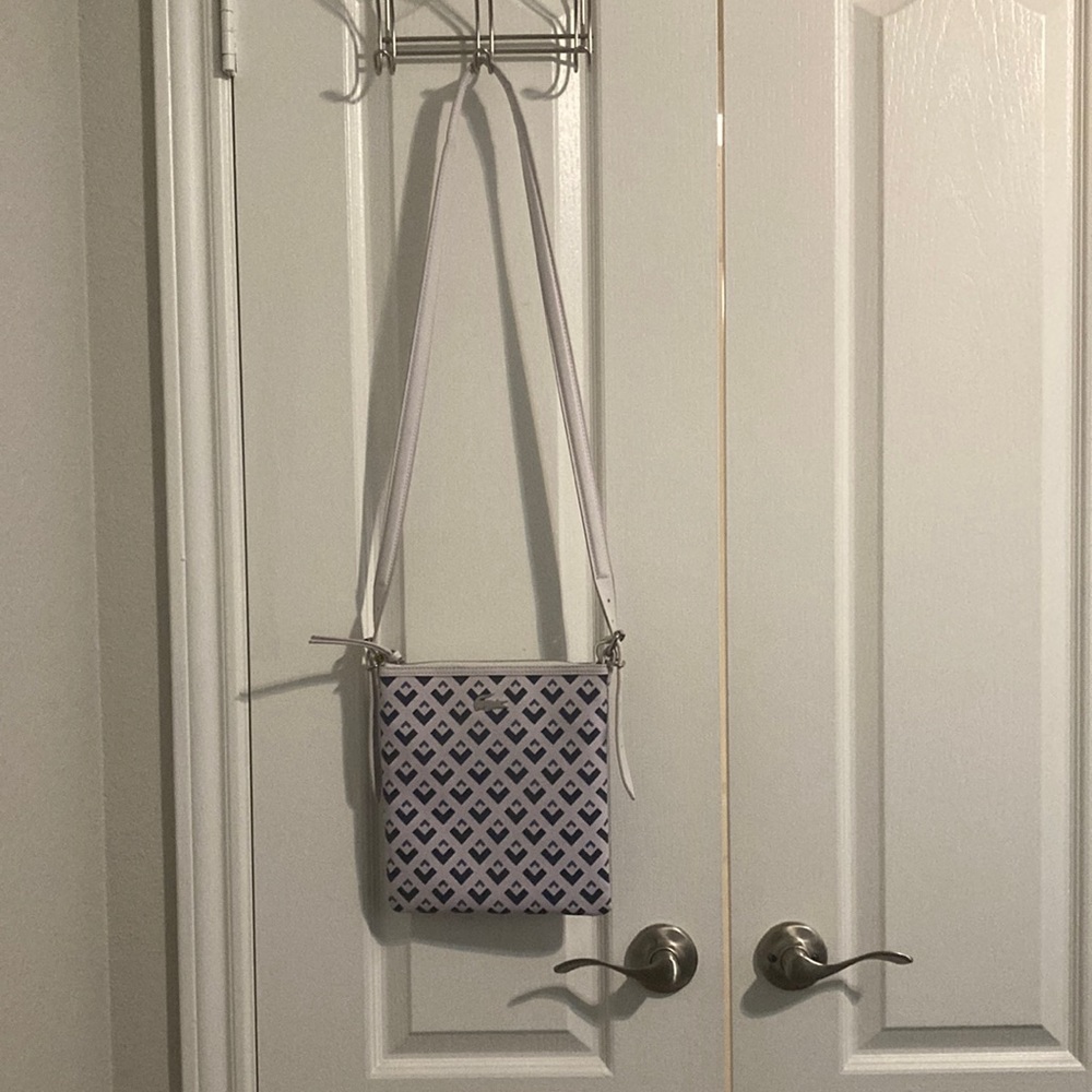 Authentic Lacoste purse, white, blue, crossbody- has damage please see photos